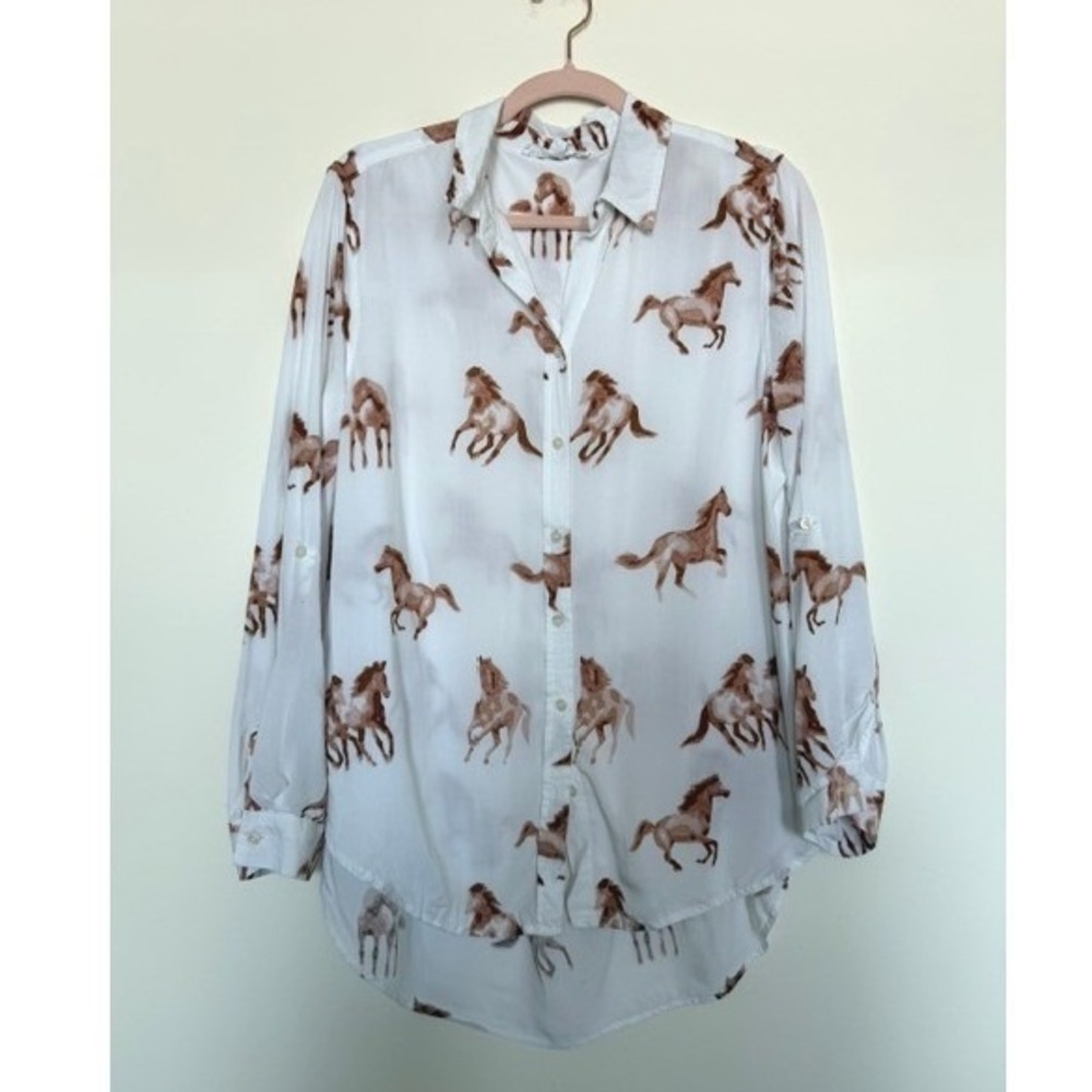 Jane + Delancey Horse Print Button Down Blouse Women's Size Large